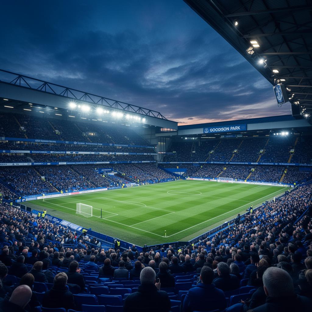 Goodison Park at dusk bathed in blue light