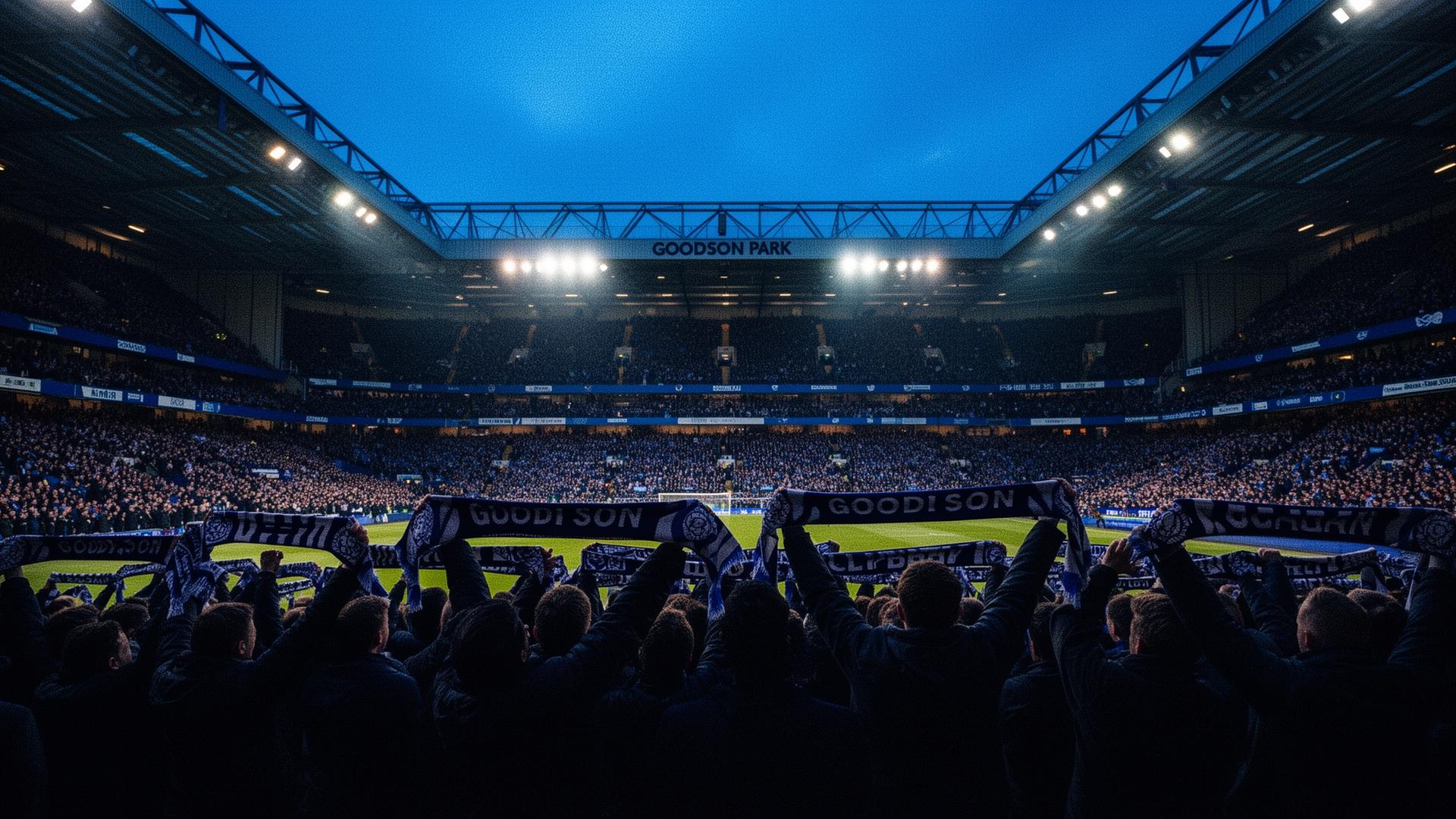Goodison Park at dusk bathed in blue light